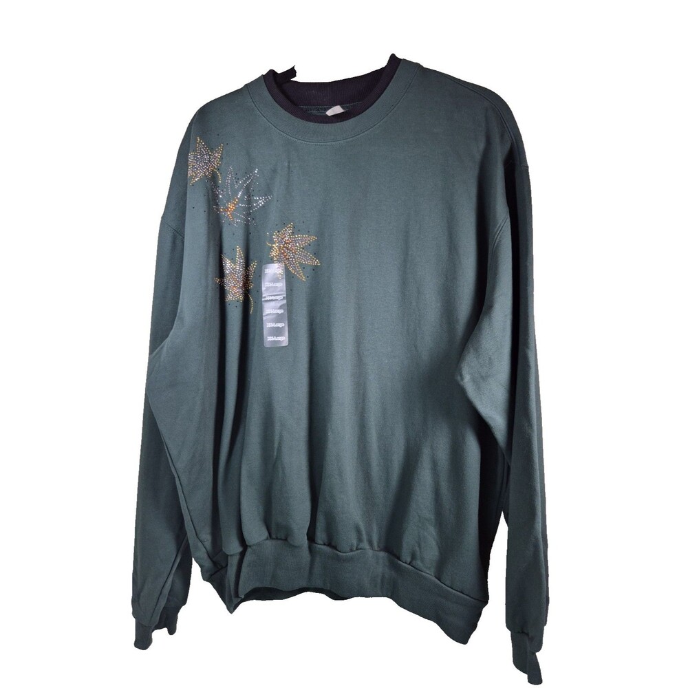 Fall/Autumn Leaf Embellished Green Crewneck Sweatshirt XXL NWOT